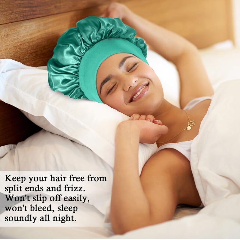 LEADUWAY 4Pcs Satin Bonnet Silk Bonnet, Hair Bonnet for Sleeping, Elastic Wide Band Silk Sleep Cap, Shower Cap Soft and Breathable (Green Series) - Image 2